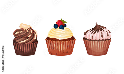 Sweet Cupcake or Fairy Cake Baked in Paper Cup Topped with Whipped Cream Vector Set