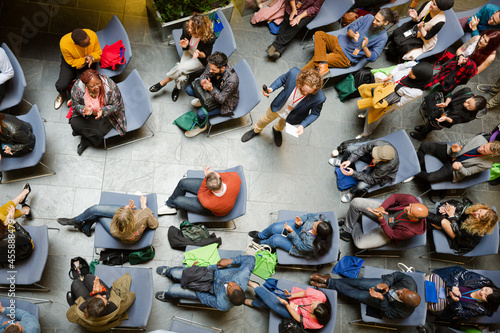 High angle view of people attending conference