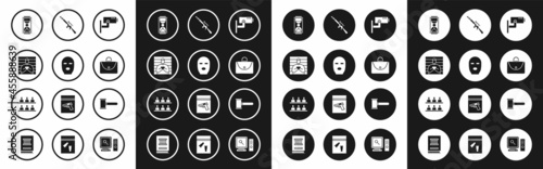 Set Security camera, Thief mask, Suspect criminal, Old hourglass with sand, Briefcase, Sniper rifle scope, Judge gavel and Jurors icon. Vector