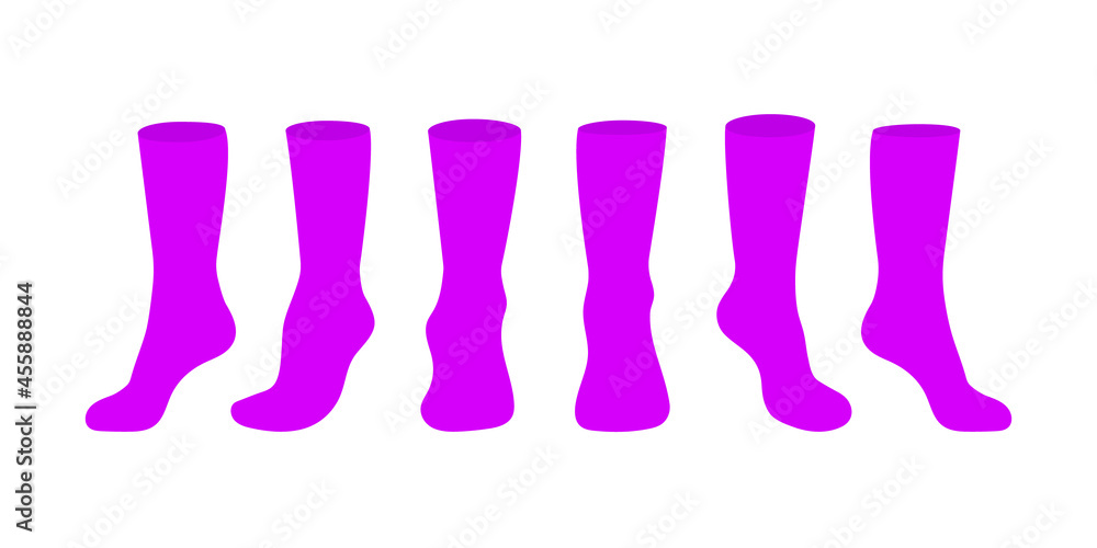 Purple socks template mockup flat style design vector illustration set isolated on white background. Long black socks with different angles mockups.