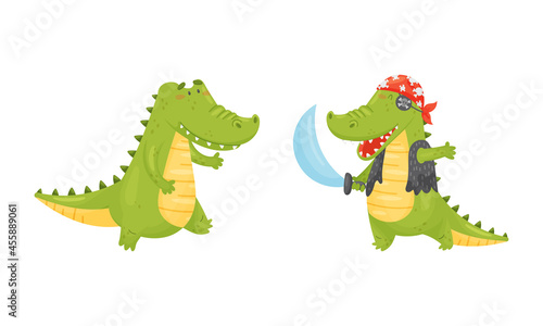 Green Crocodile or Gator Character Running and Playing Pirate Vector Set