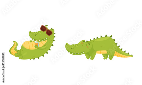 Green Crocodile or Gator Character Drinking Cocktail Wearing Sunglasses Sunbathing on Beach Vector Set