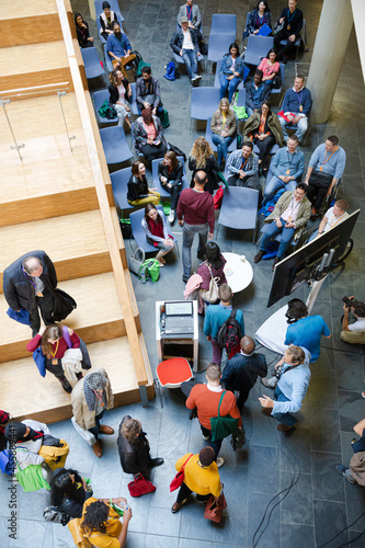 High angle view of people attending conference