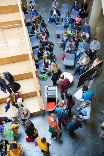 High angle view of people attending conference