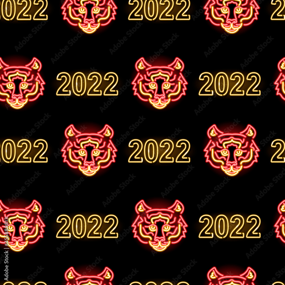 Neon 2022 New Year seamless pattern with tiger faces and numbers on black background on black background. Happy winter holidays, Chinese New Year, zodiac symbol concept. Vector 10 EPS illustration. Neon 2022 New Year seamless pattern with tiger faces and numbers on black background on black background. Happy winter holidays, Chinese New Year, zodiac symbol concept. Vector 10 EPS illustration.