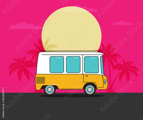 Vector illustration flat old car on beach