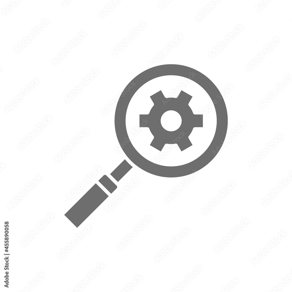 Magnifying glass with gear wheel, factory performance analysis grey icon. Magnifying glass with gear wheel, factory performance analysis grey icon.