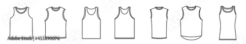 Sleeveless tank icon. Set of men's tank template. Vector illustration. Black linear sleeveless shirts. photo