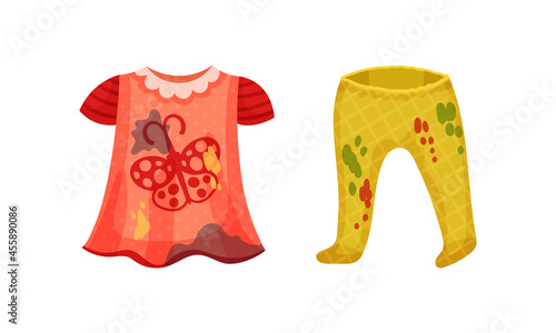 Spotted Kid Dress and Pants as Dirty Clothing with Stain for Laundry Vector Set