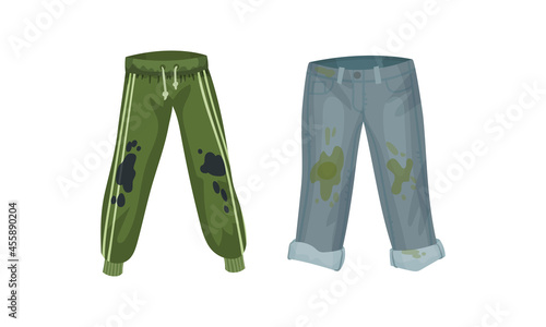 Spotted Jeans and Pants as Dirty Clothing with Stain for Laundry Vector Set