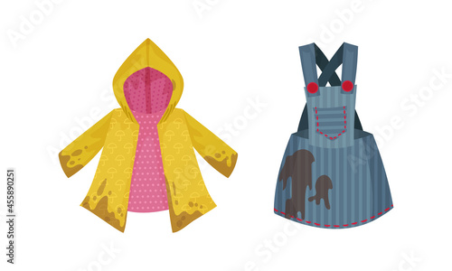 Spotted Raincoat and Pinafore as Dirty Clothing with Stain for Laundry Vector Set