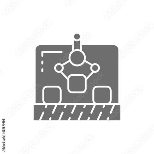 Robotic manipulator on conveyor, production grey icon.