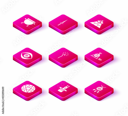 Set Pentagram in a circle, Magician hat and rabbit, Hypnosis, staff, Dream catcher with feathers, Witch cauldron magic stone, Masons and Dagger icon. Vector