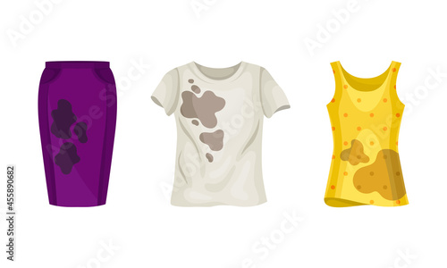 Spotted Sweatshirt and Skirt as Dirty Clothing with Stain for Laundry Vector Set