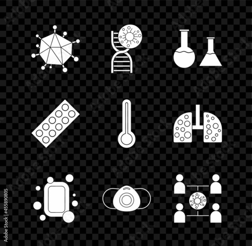 Set Virus, DNA symbol and virus, Test tube flask, Bar of soap, Medical protective mask, spread, Pills in blister pack and thermometer icon. Vector