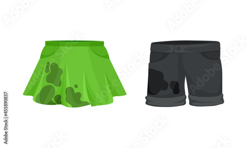 Spotted Skirt and Shorts as Dirty Clothing with Stain for Laundry Vector Set