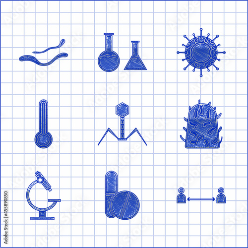 Set Bacteria bacteriophage, Medicine pill or tablet, Safe distance, Rabies virus, Microscope, Medical thermometer, Virus and Ebola disease icon. Vector