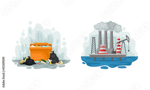 Environmental Issue and Ecological Problem with Garbage Dump and Chemical Factory Vector Set