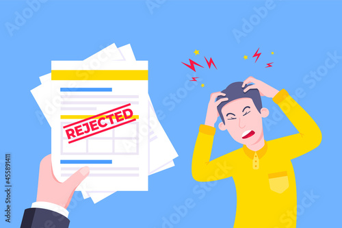 Sad man and an clipboard with rejected application form flat style design vector illustration. Bad job interview, employment offer reject, college acceptance failed or business email form concept.