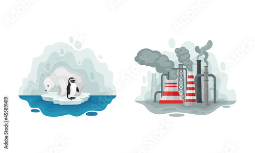 Environmental Issue and Ecological Problem with Melting of Glaciers and Chemical Waste Emission Vector Set