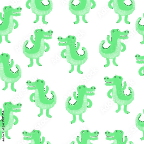 Seamless pattern with crocodiles. Design for a holiday. Printing for wrapping paper. An illustration for printing. Children s composition. Texture for fabric and paper.