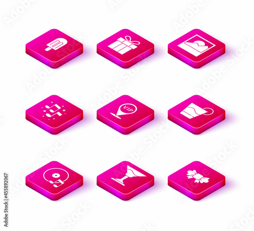 Set Vinyl disk, Cocktail, Music note, tone, Location Vip, Bow tie, Photo and Gift box icon. Vector