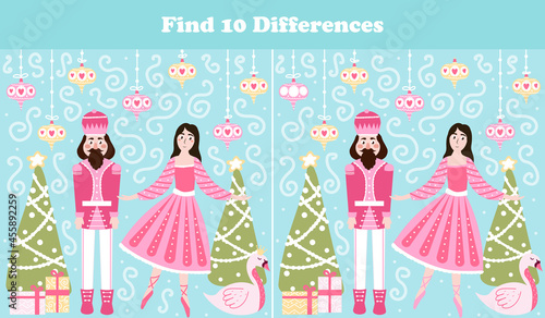 Christmas logical game, find ten differences riddle for children books with nutcracker character and ballerina in cartoon style, xmas eve and gift boxes, search puzzle