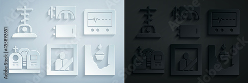 Set Mourning photo frame, Beat dead monitor, Grave with tombstone, Coffin grave, Crematorium and cross icon. Vector