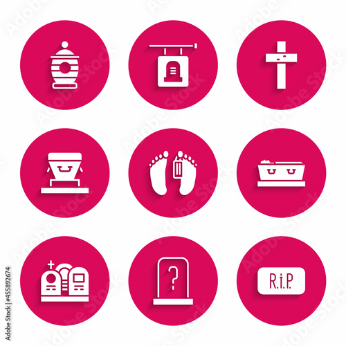 Set Dead body, Grave with tombstone, Speech bubble rip death, Coffin dead, Christian cross and Funeral urn icon. Vector