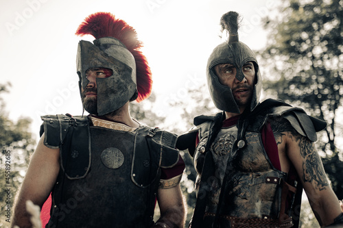 Quadro em tela Portrait of two ancient warriors in battle dress.