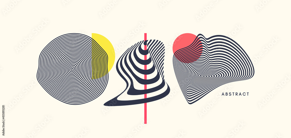 Abstract melted liquid shape. Background made of distorted lines. Pattern with optical illusion. Psychedelic stripes. Vector illustration for brochure, flyer, card, banner or cover. - obrazy, fototapety, plakaty 