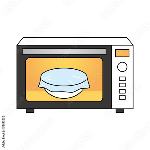 ラップをかけて電子レンジで温める　Heat in a microwave oven vector illustration