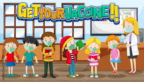 Get Your Vaccine font banner with many kids waiting in queue to get vaccine