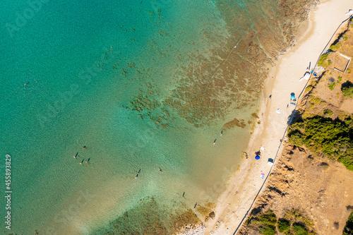 Aerial view of the sand and pebble pebble beach Vela Przina in Korcula island, Croatia photo