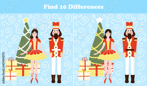 Christmas logical game for printable worksheet, find ten differences riddle for children books with nutcracker character and ballerina in cartoon style, xmas eve and gift boxes, search puzzle