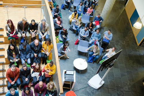 High angle view of attentive audience