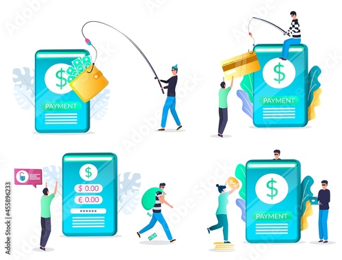 Mobile phishing attack set, flat vector isolated illustration. Hacker stealing personal information and money. Mobile phishing scams