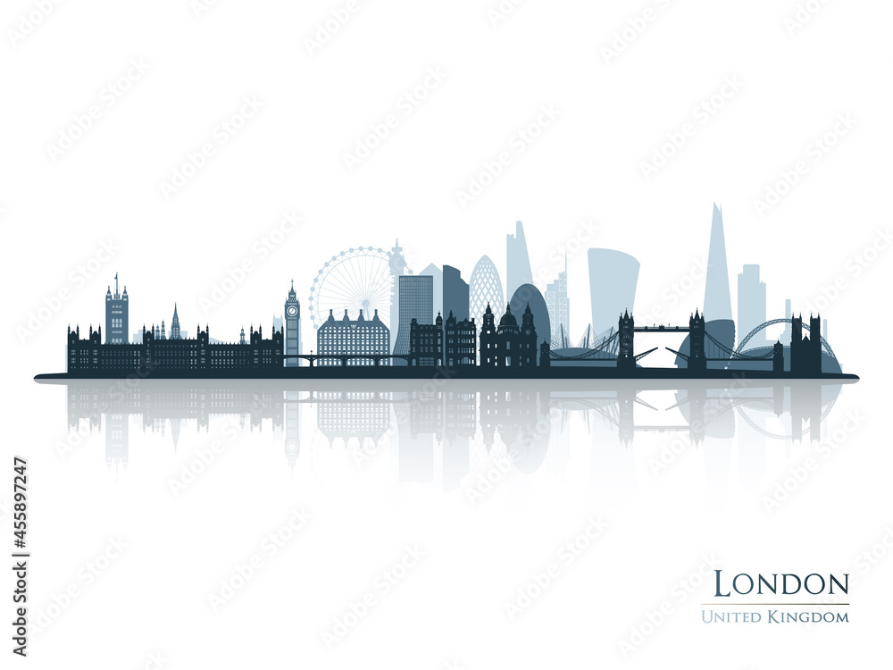 London skyline silhouette with reflection. Landscape London, UK. Vector illustration.