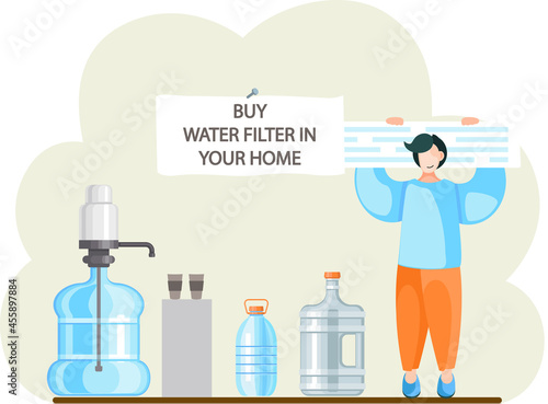 Buy kitchen water filter in your home. Buying filtering reverse osmosis system for use and drinking. Drinkable pure water treatment filtration technology. Purification of pipeline dirty water