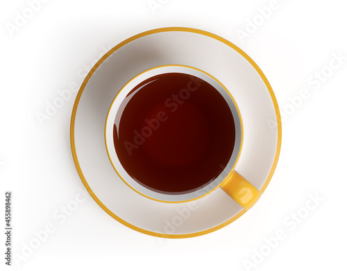 cup of tea on a saucer top view isolated on white background