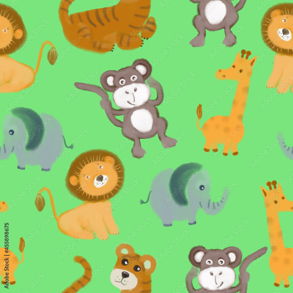 Naklejka premium Seamless pattern with animals of Africa. Elephant, tiger, lion, giraffe, monkey. Design for a holiday. Printing for wrapping paper. An illustration for printing. Children's composition. Texture for