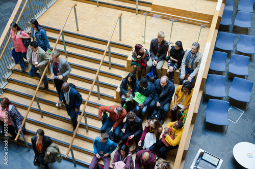 High angle view of attentive audience