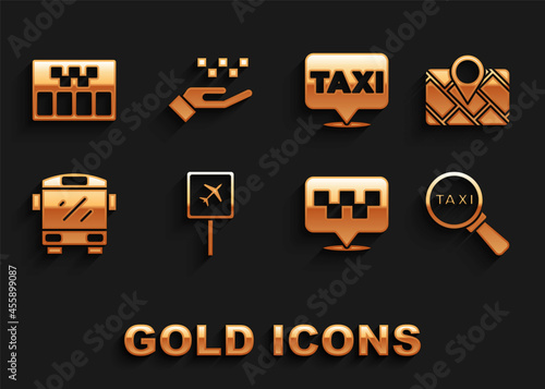 Set Airport, Gps device with map, Magnifying glass and taxi car, Location, Bus, Taximeter and Hand icon. Vector