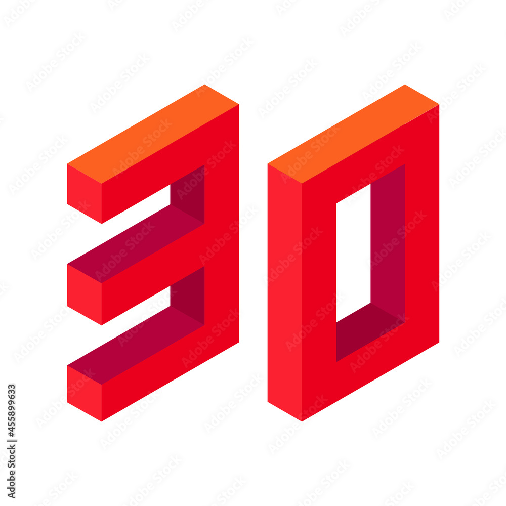 Red number 30 in isometric style. Isolated on white background. Learning numbers, serial number, price, place. Red number 30 in isometric style. Isolated on white background. Learning numbers, serial number, price, place.