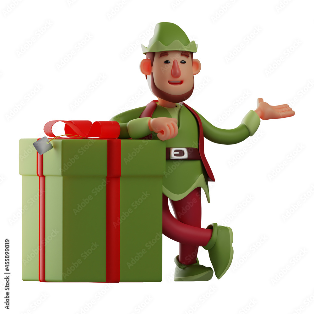 Cool Elf 3D Cartoon Picture standing beside a giant gift box
