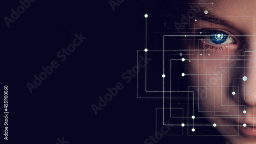 Bild auf Leinwand Close-up half face man portrait with binary code in eyes with digital technology