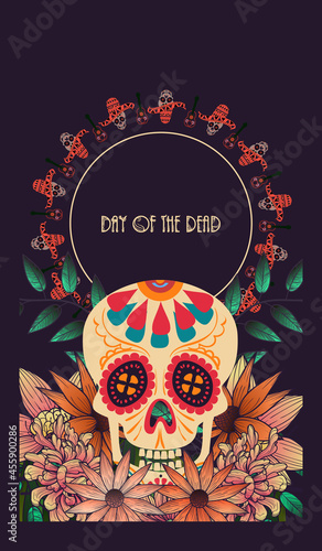 dia de los muertos! skull surrounded by watercolor flowers for the day of all the dead and alive. Makeup for the dead. Vectron illustrations for banners, posters, wallpapers, holiday cards