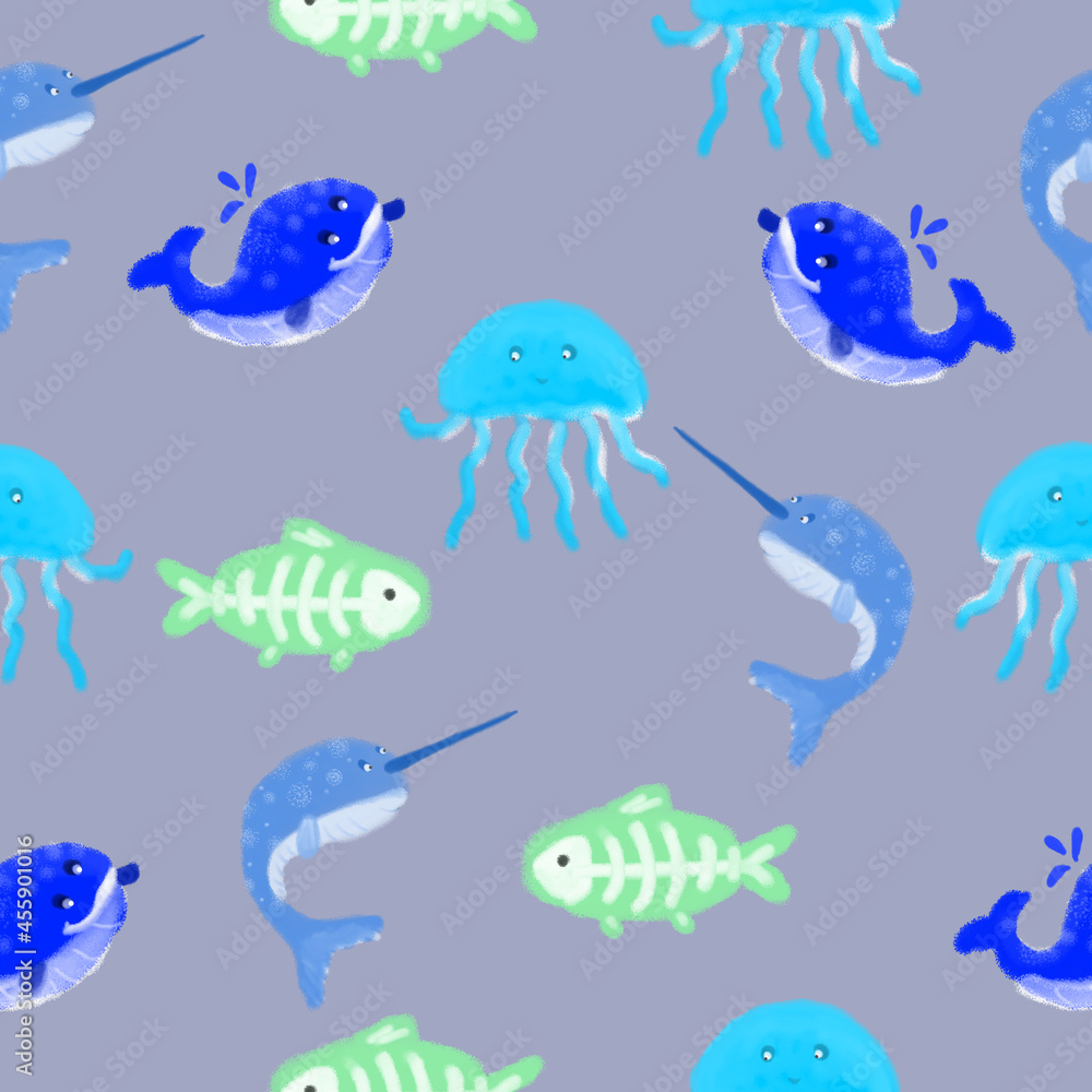 Seamless pattern with marine life. Narwhal, whale, X-ray fish, octopus, jellyfish. Design for a holiday. Printing for wrapping paper. An illustration for printing. Children's composition. Texture for Seamless pattern with marine life. Narwhal, whale, X-ray fish, octopus, jellyfish. Design for a holiday. Printing for wrapping paper. An illustration for printing. Children's composition. Texture for