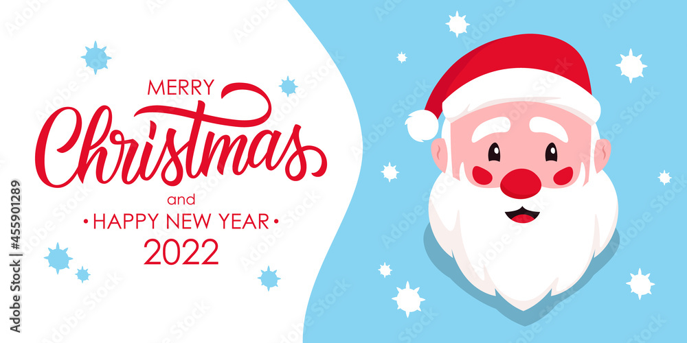 Merry Christmas and Happy New Year 2022 holiday banner with Santa Claus and hand drawn lettering. Perfect for Christmas holiday greetings and invitations. Vector illustration. Merry Christmas and Happy New Year 2022 holiday banner with Santa Claus and hand drawn lettering. Perfect for Christmas holiday greetings and invitations. Vector illustration.