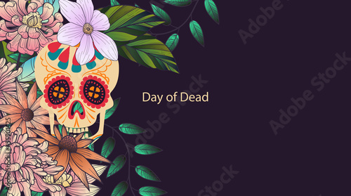 dia de los muertos! skull surrounded by watercolor flowers for the day of all the dead and alive. Makeup for the dead. Vectron illustrations for banners, posters, wallpapers, holiday cards